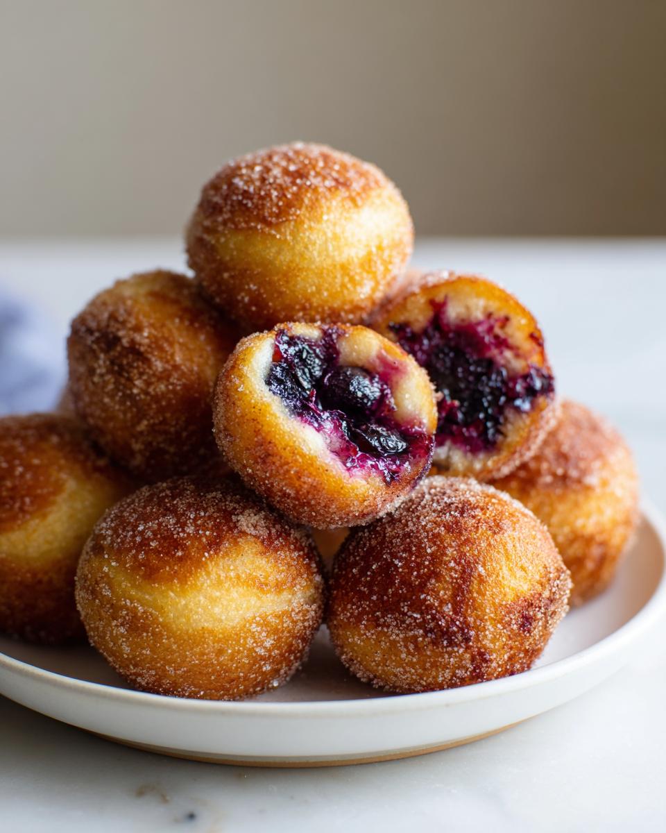 A stack of golden, sugar-coated Blueberry Pie Bombs, one cut open to show the rich blueberry filling.