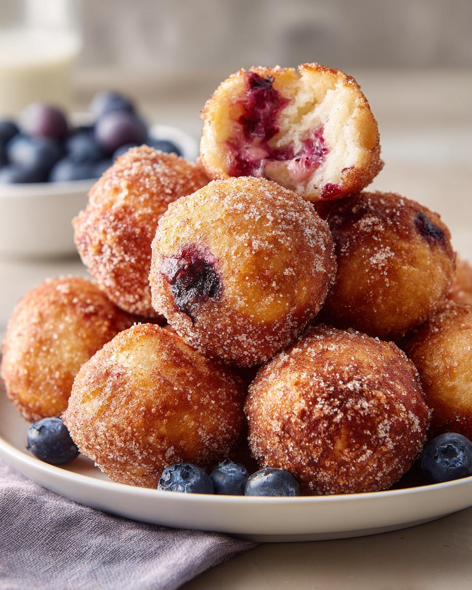 A stack of golden, sugar-coated Blueberry Pie Bombs, one broken open showing the blueberry filling.