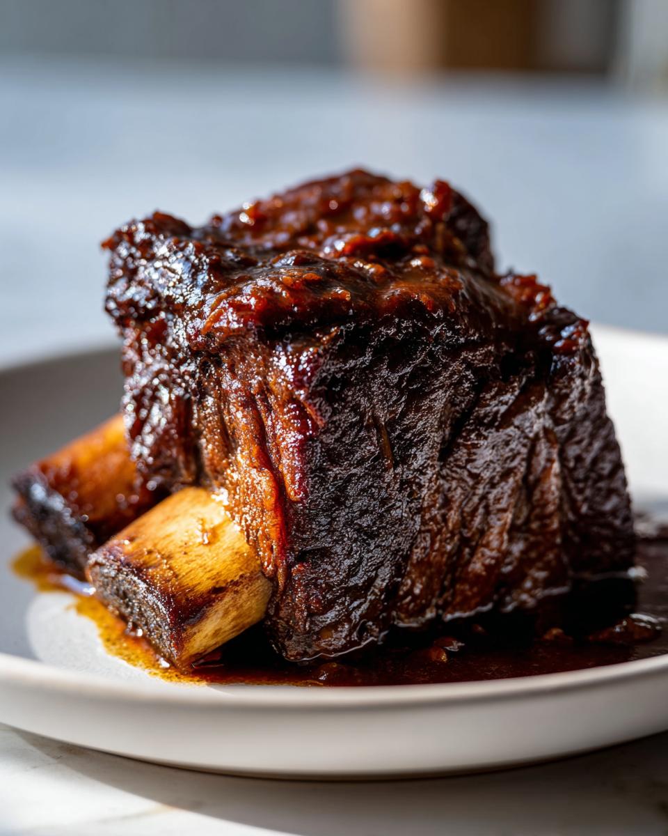 Two perfectly cooked, dark, glossy braised short ribs resting in rich sauce on a white plate.