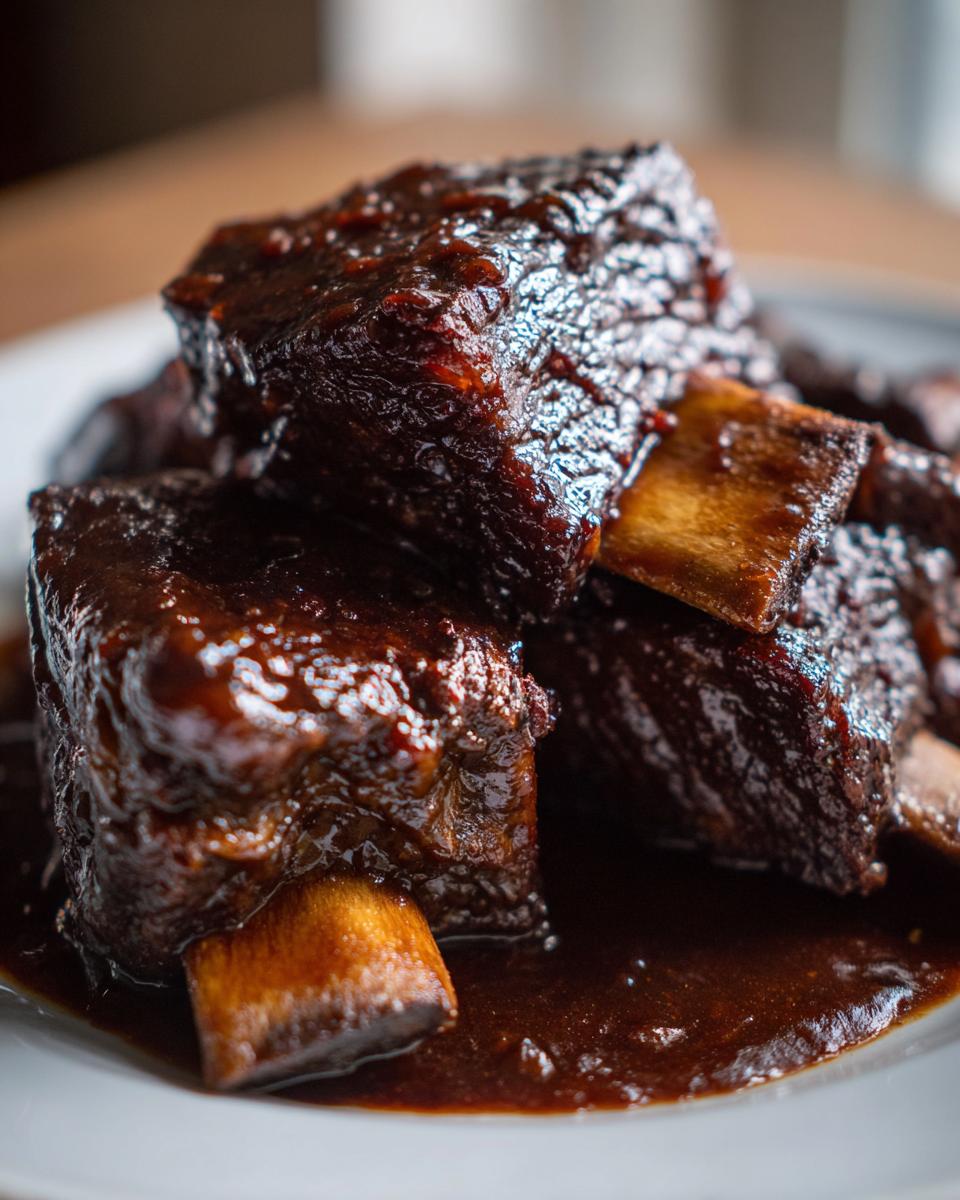 Close-up of tender, dark braised short ribs stacked on a plate, glistening with rich sauce.