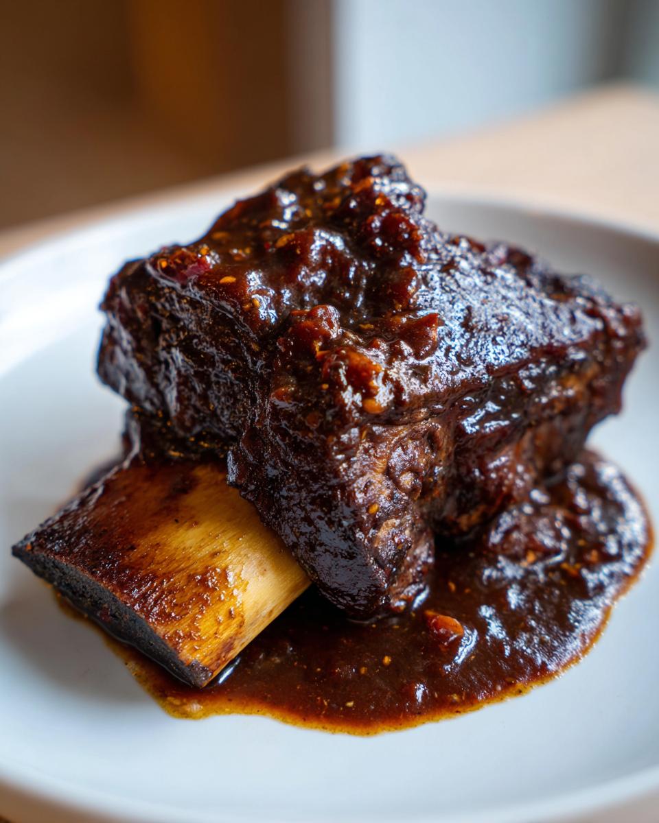 A close-up of a single, succulent braised short ribs piece covered in a thick, dark sauce, resting on a white plate.