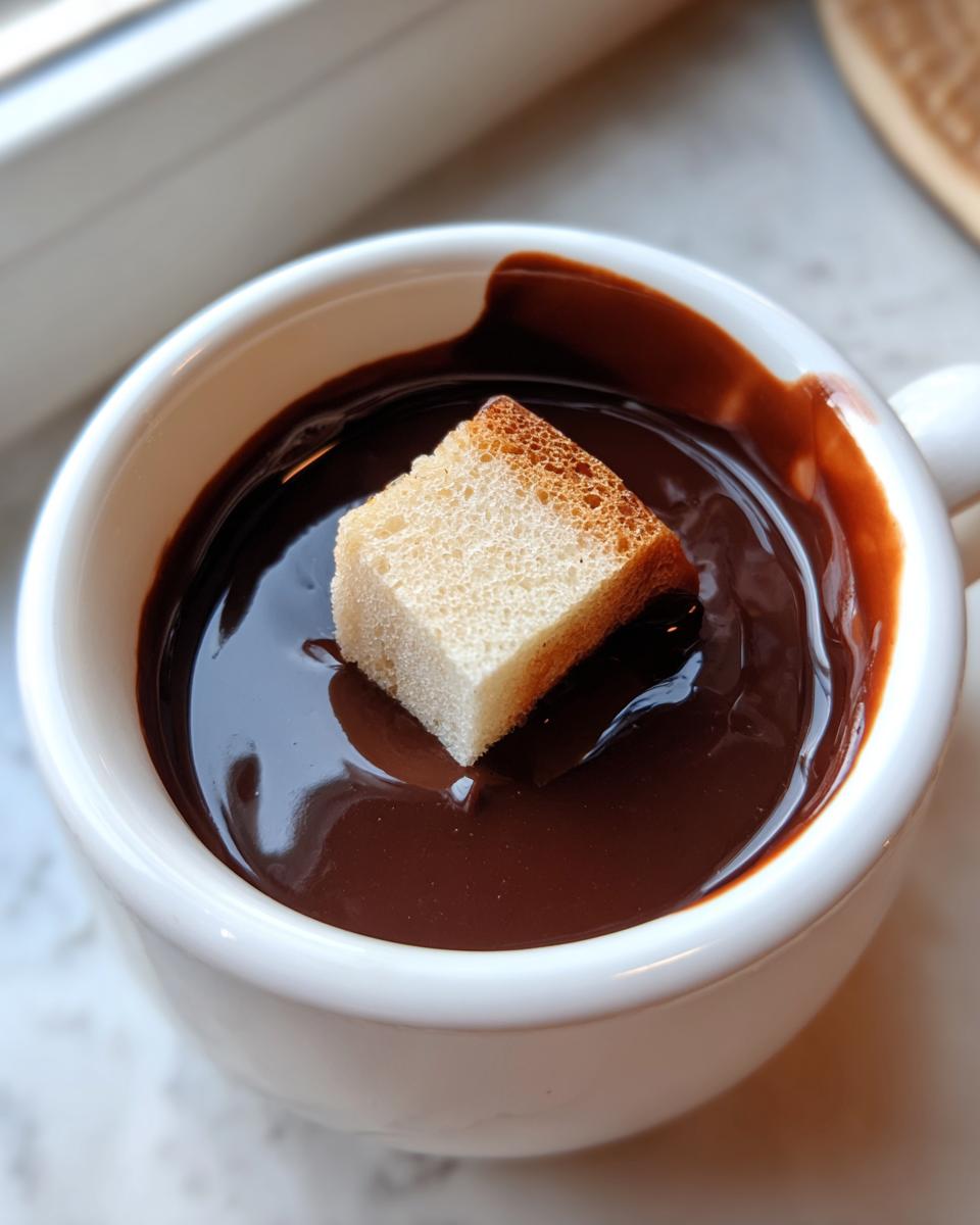 Close-up of a piece of toasted bread being dipped into rich, melted chocolate fondue in a white mug.