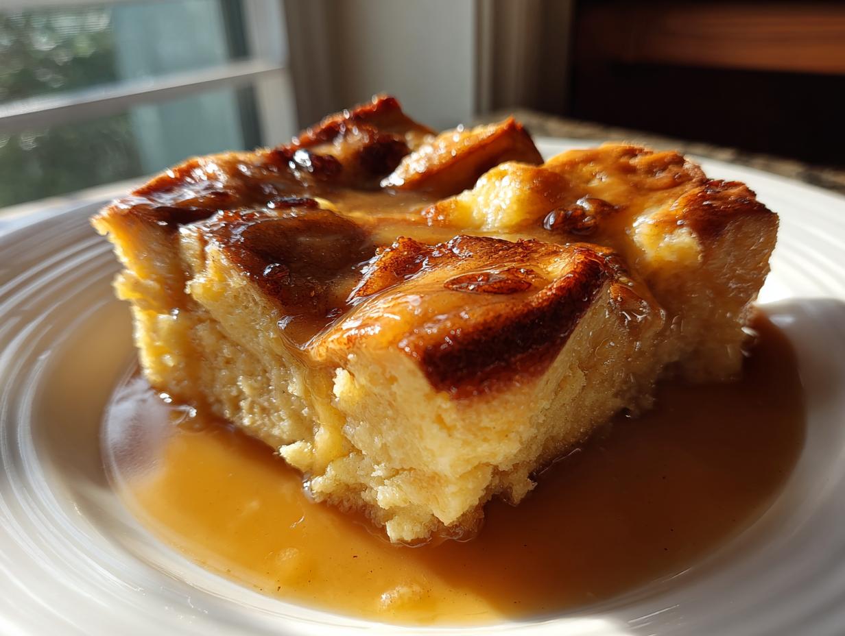 A close-up of a rich slice of bread pudding with bourbon sauce pooling around the base on a white plate.