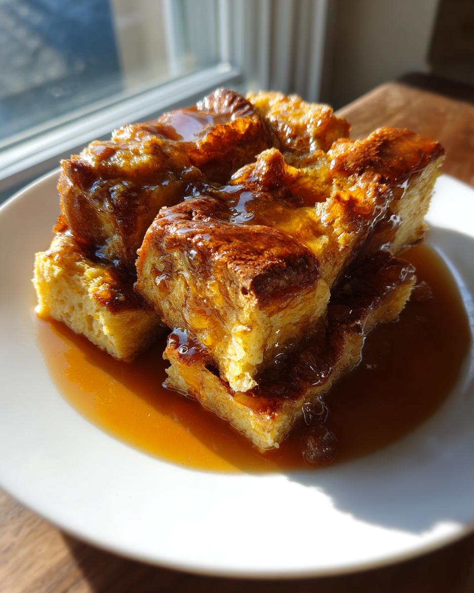 Close-up of several squares of golden bread pudding with bourbon sauce pooling on a white plate.