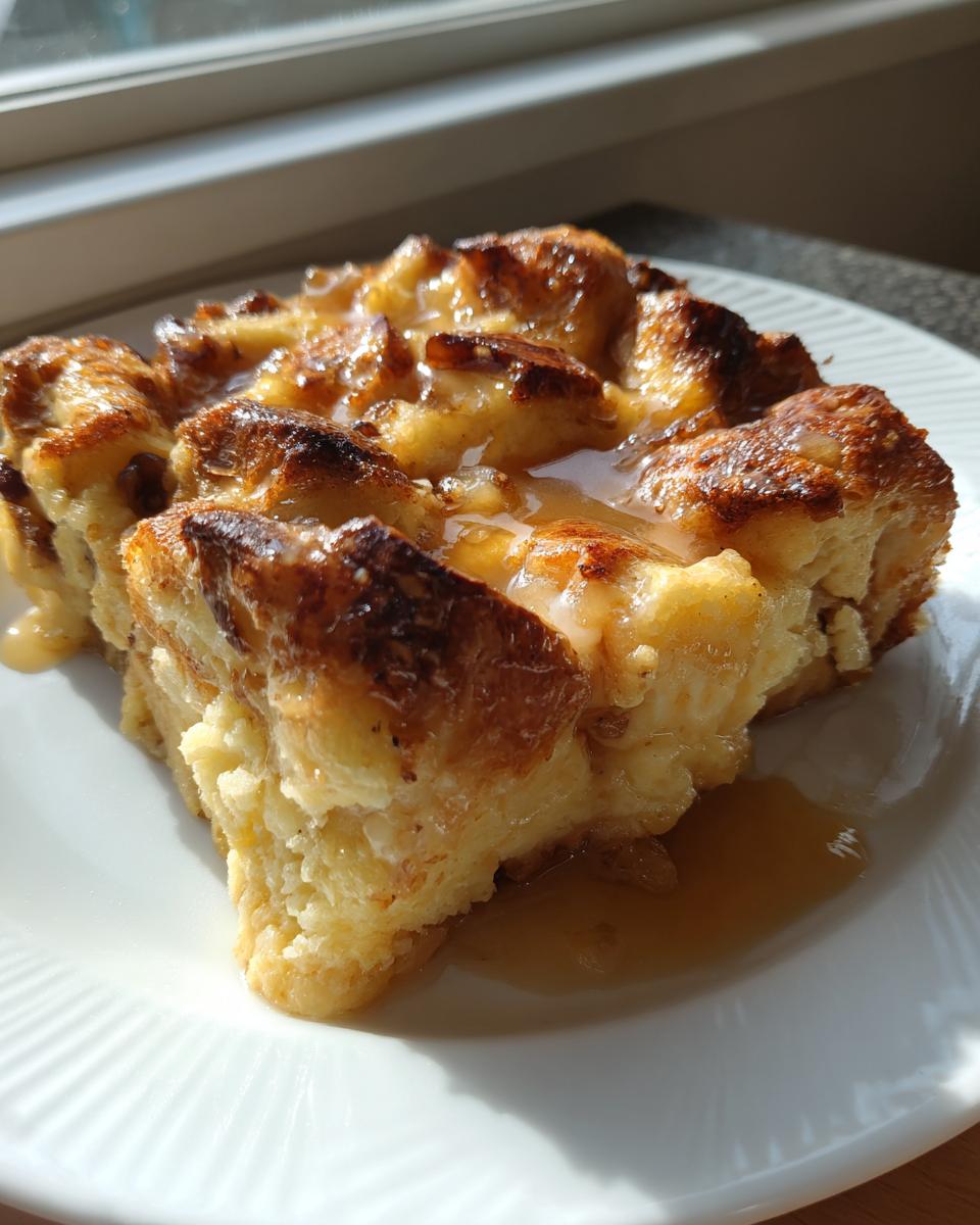 A close-up of a decadent slice of bread pudding with bourbon sauce drizzled over the golden-brown top.