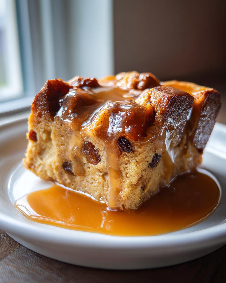 A close-up of a warm slice of bread pudding with raisins, generously topped with rich bourbon sauce.