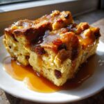 Two slices of moist bread pudding with raisins, generously topped with rich bourbon sauce.