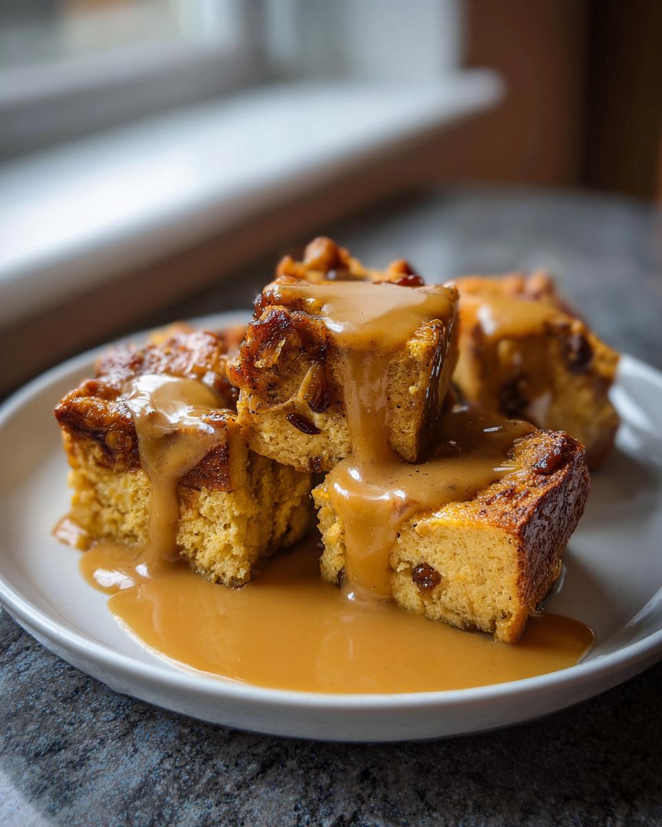 Close-up of three squares of golden bread pudding with bourbon sauce generously drizzled over the top.