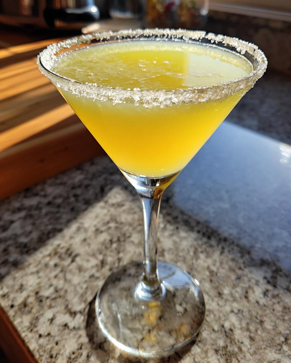 A bright yellow lemon drop martini in a chilled glass with a thick, sparkling sugar rim, sitting on a granite countertop.