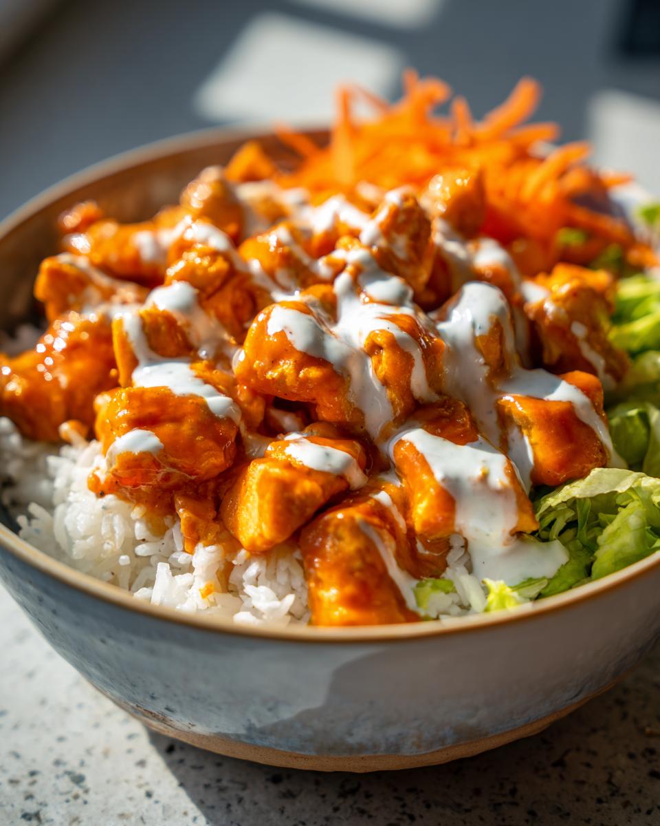 Close-up of a buffalo chicken bowl featuring orange sauced chicken pieces over white rice, drizzled with ranch, next to lettuce and carrots.