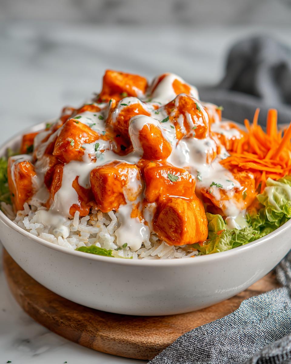 A close-up of a buffalo chicken bowl featuring orange buffalo chicken pieces over rice, drizzled with ranch dressing.