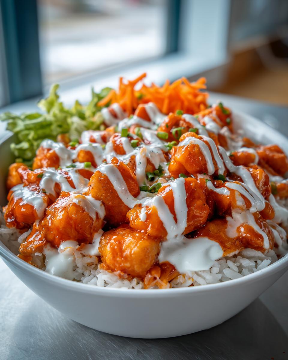 Close-up of a white bowl filled with white rice, topped with orange buffalo chicken, drizzled heavily with white ranch dressing.