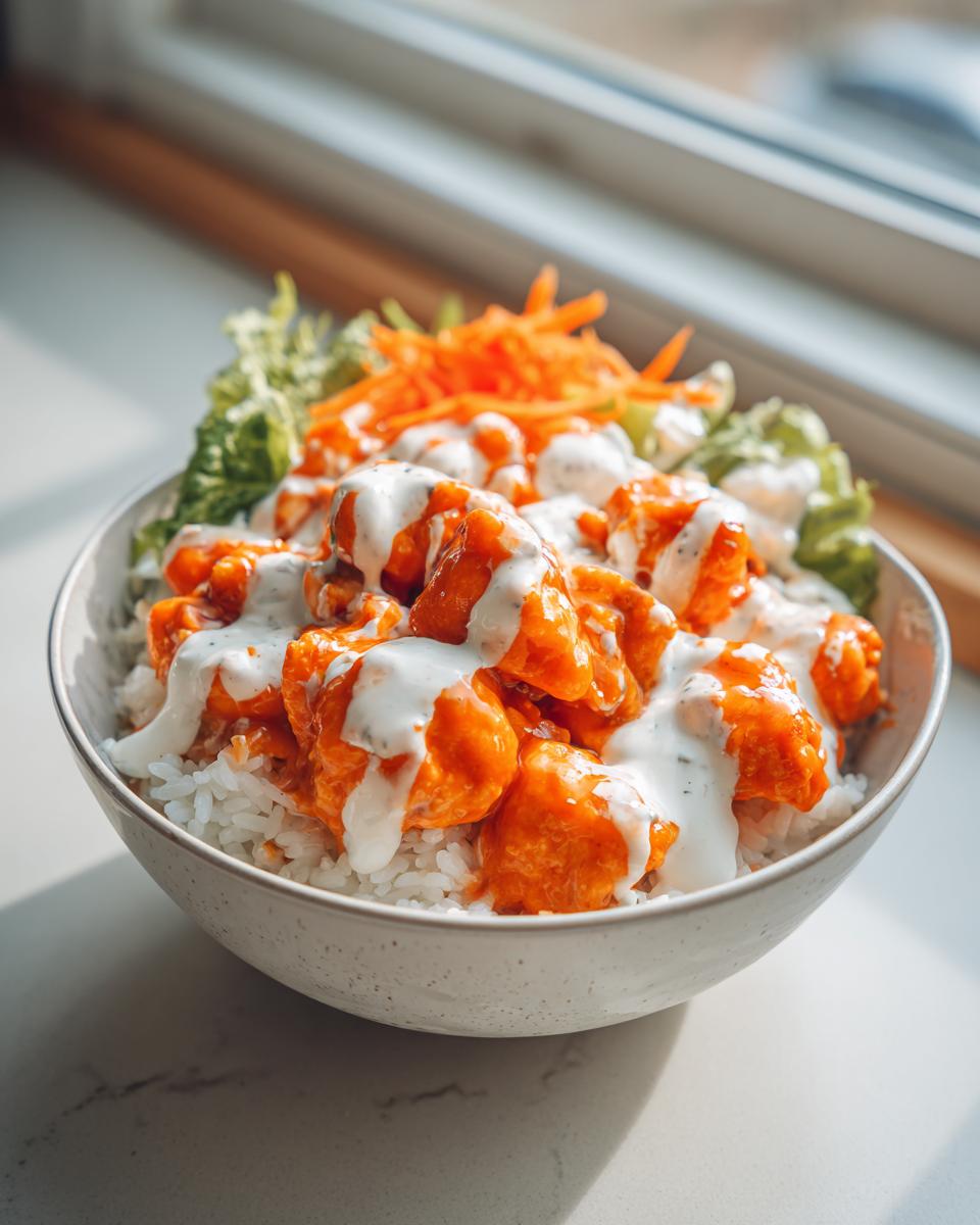 A close-up of a buffalo chicken bowl featuring orange sauced chicken pieces over white rice, drizzled with ranch, and topped with shredded carrots and lettuce.