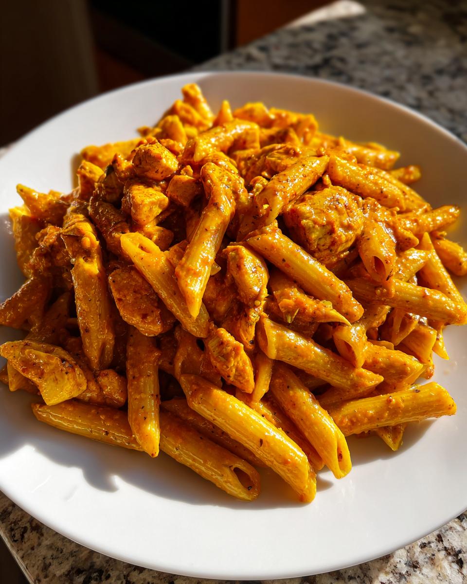 A close-up of creamy, orange-hued cajun chicken pasta featuring penne noodles and seasoned chicken chunks.