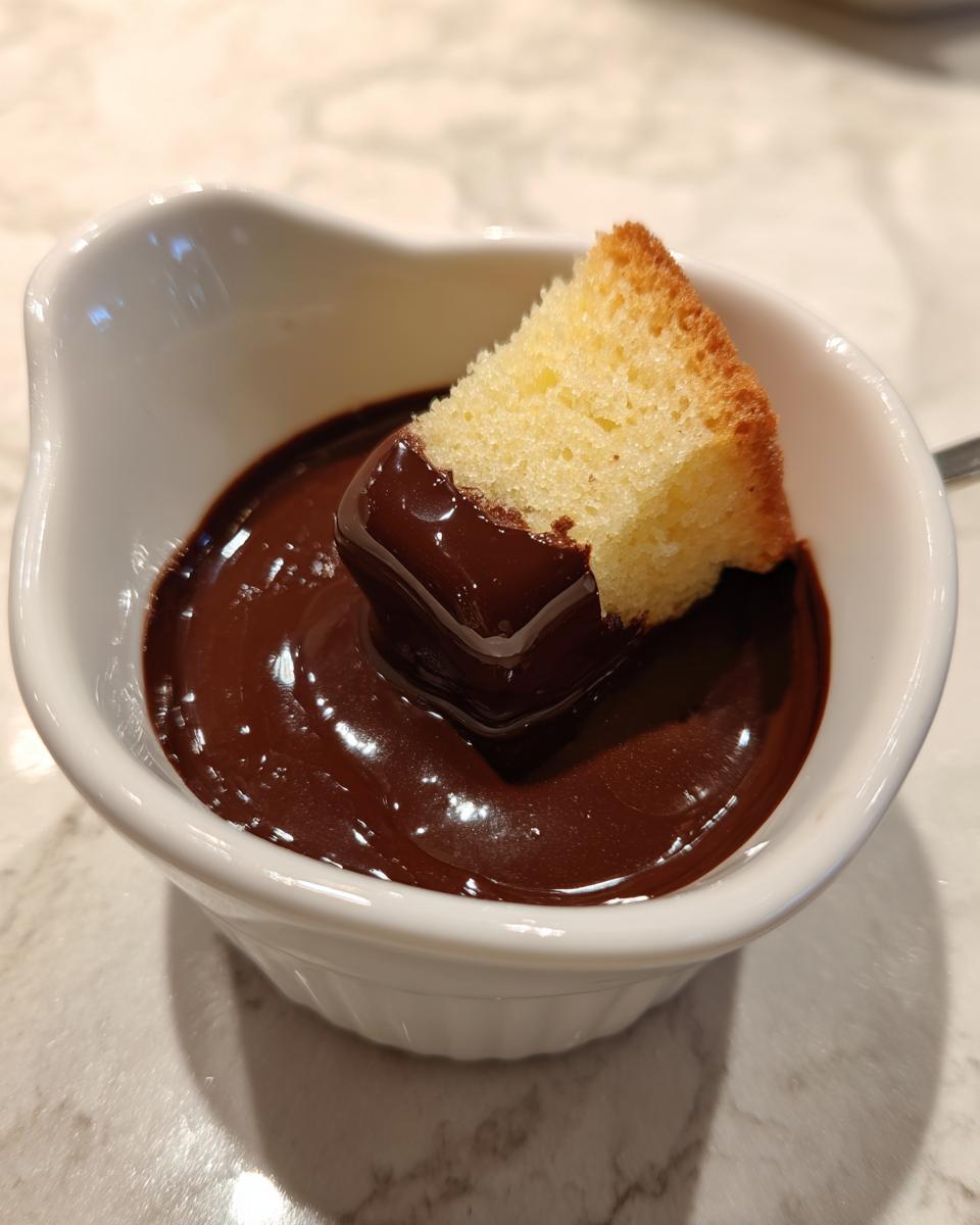 A piece of sponge cake being dipped into rich, melted chocolate fondue in a small white bowl.