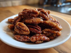 A pile of glossy, sugar-coated candied pecans recipe nuts served on a small white plate.
