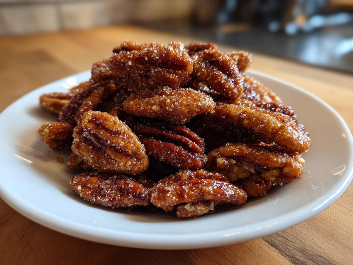 A pile of glossy, sugar-coated candied pecans recipe nuts served on a small white plate.