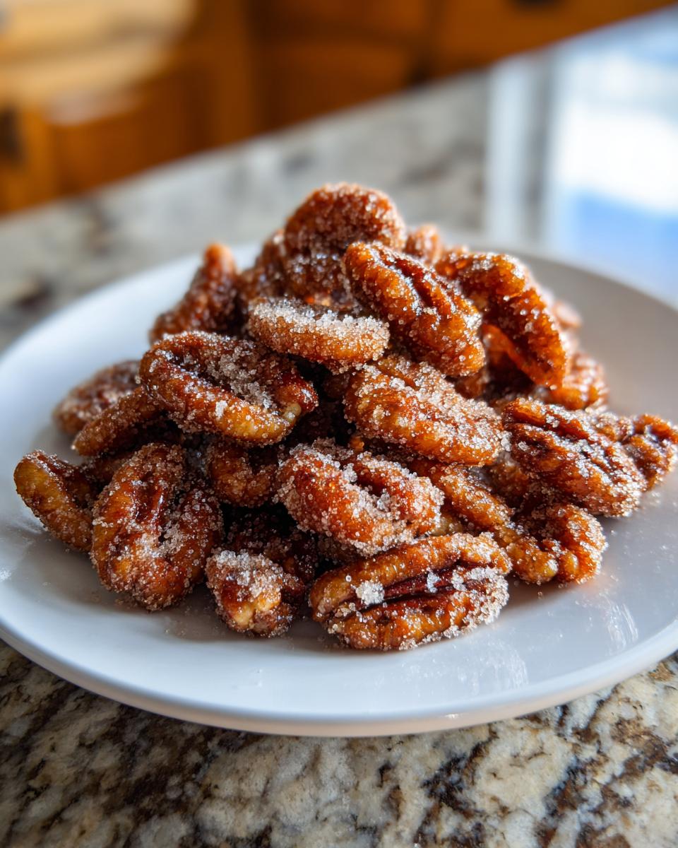 A close-up of a pile of freshly made candied pecans recipe, coated heavily in sparkling sugar crystals, served on a white plate.