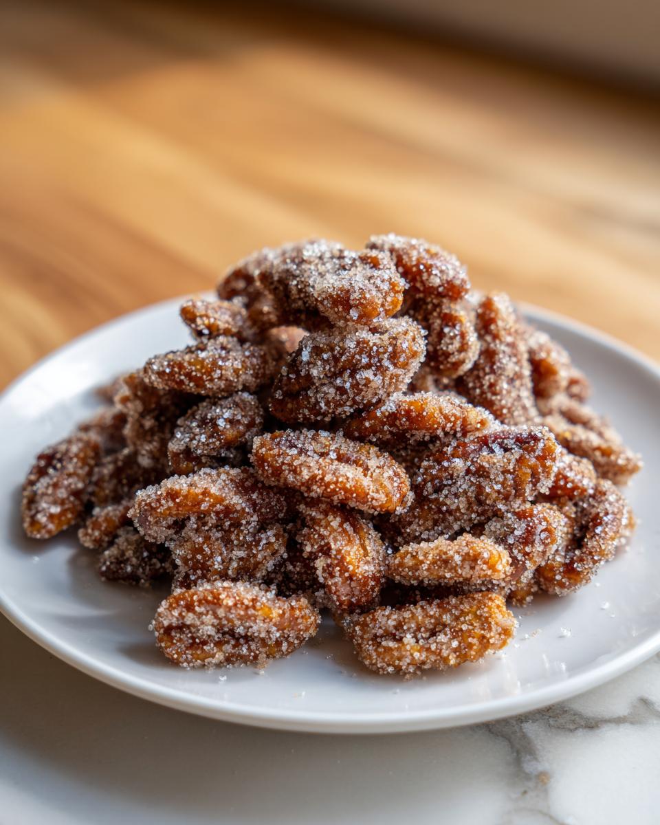 A close-up of a pile of freshly made candied pecans recipe, heavily coated in sparkling sugar crystals, served on a white plate.