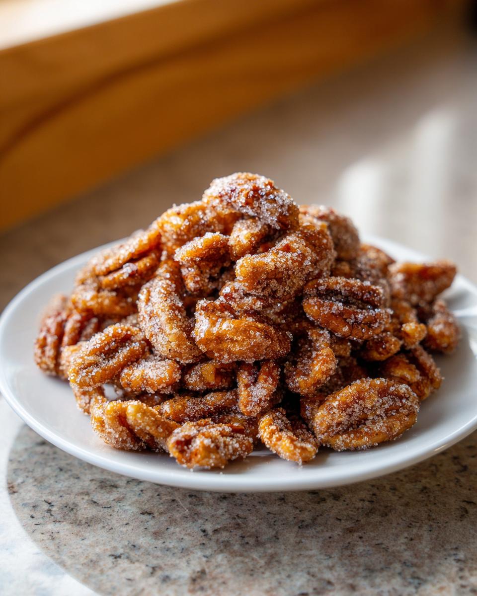 A close-up of a pile of freshly made candied pecans recipe nuts coated in sparkling sugar crystals on a white plate.