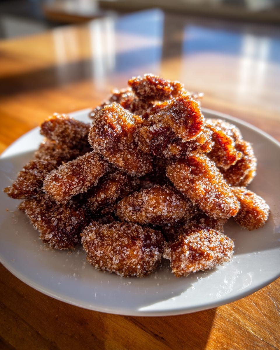 A close-up, sunlit pile of freshly made candied pecans recipe, heavily coated in sparkling sugar crystals on a white plate.