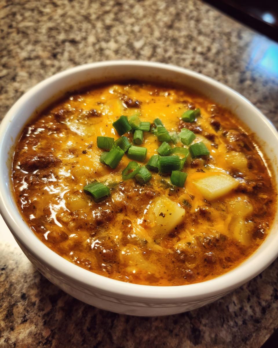 A close-up of a bowl of rich cheeseburger soup recipe, featuring ground beef, potatoes, melted cheddar cheese, and green onions.