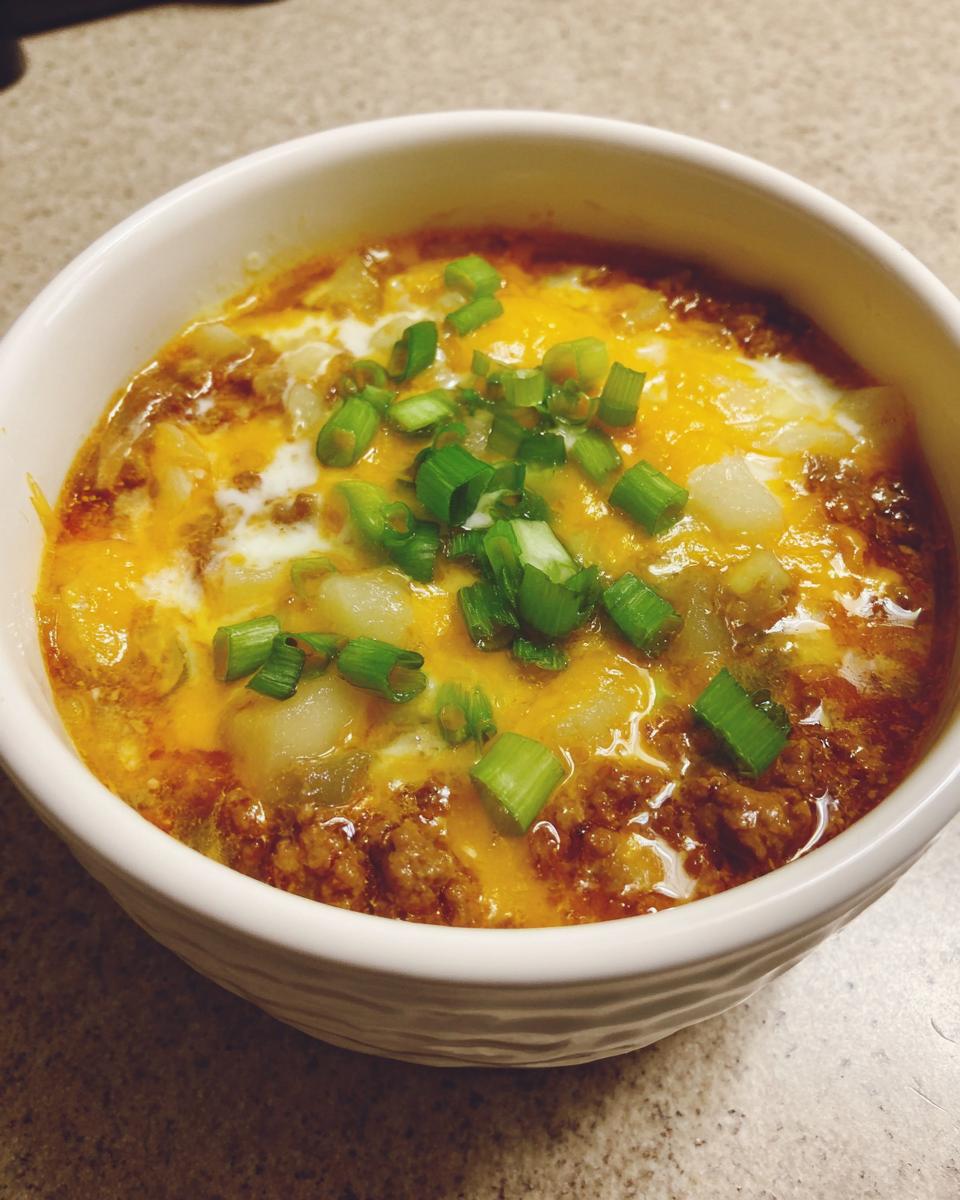 A close-up of a hearty bowl of cheeseburger soup recipe, featuring ground beef, potatoes, melted cheddar cheese, and green onions.