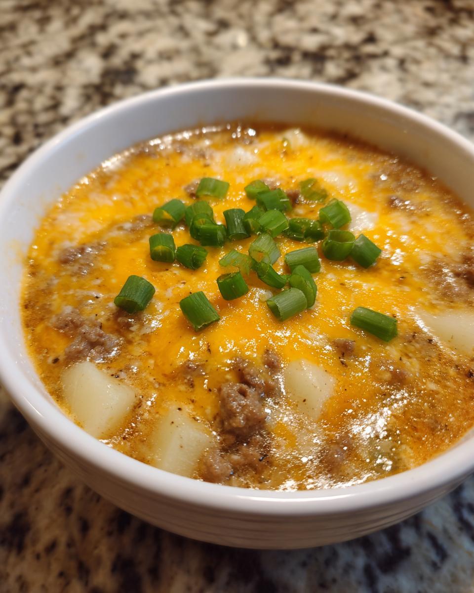 Close-up of a hearty cheeseburger soup recipe in a white bowl, topped with melted cheddar cheese and green onions.