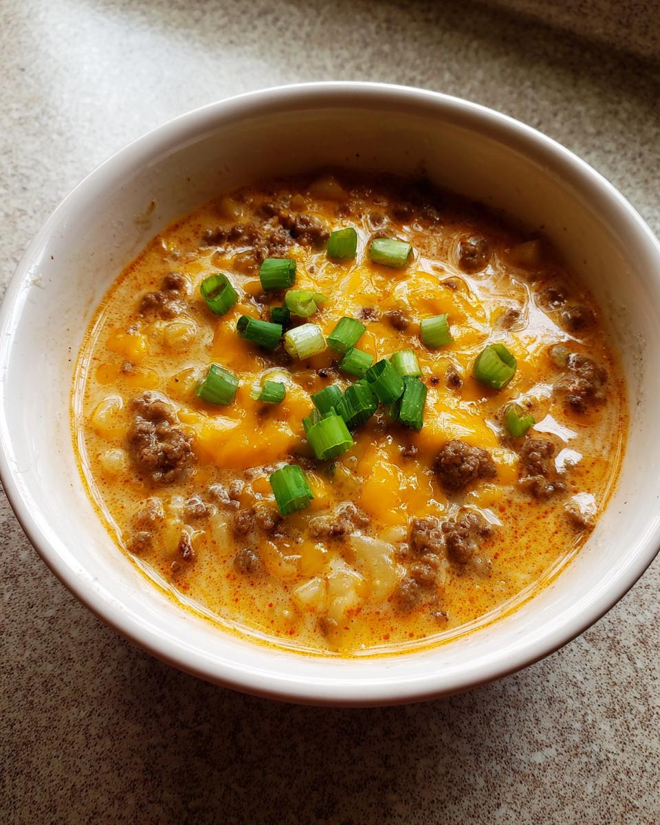 A close-up of a hearty bowl of cheeseburger soup recipe, melted cheddar cheese, ground beef, and chopped green onions.