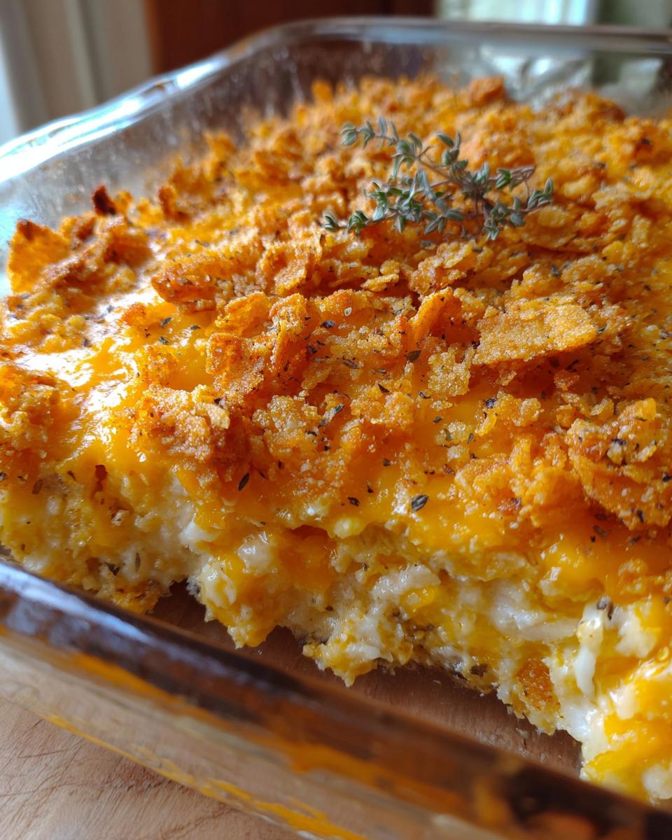 A close-up view of a creamy baked potato casserole in a glass dish, featuring melted cheddar cheese and a crunchy cornflake topping.