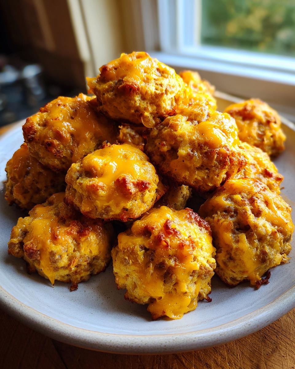 A close-up of a pile of golden brown bisquick sausage balls topped with melted cheddar cheese.