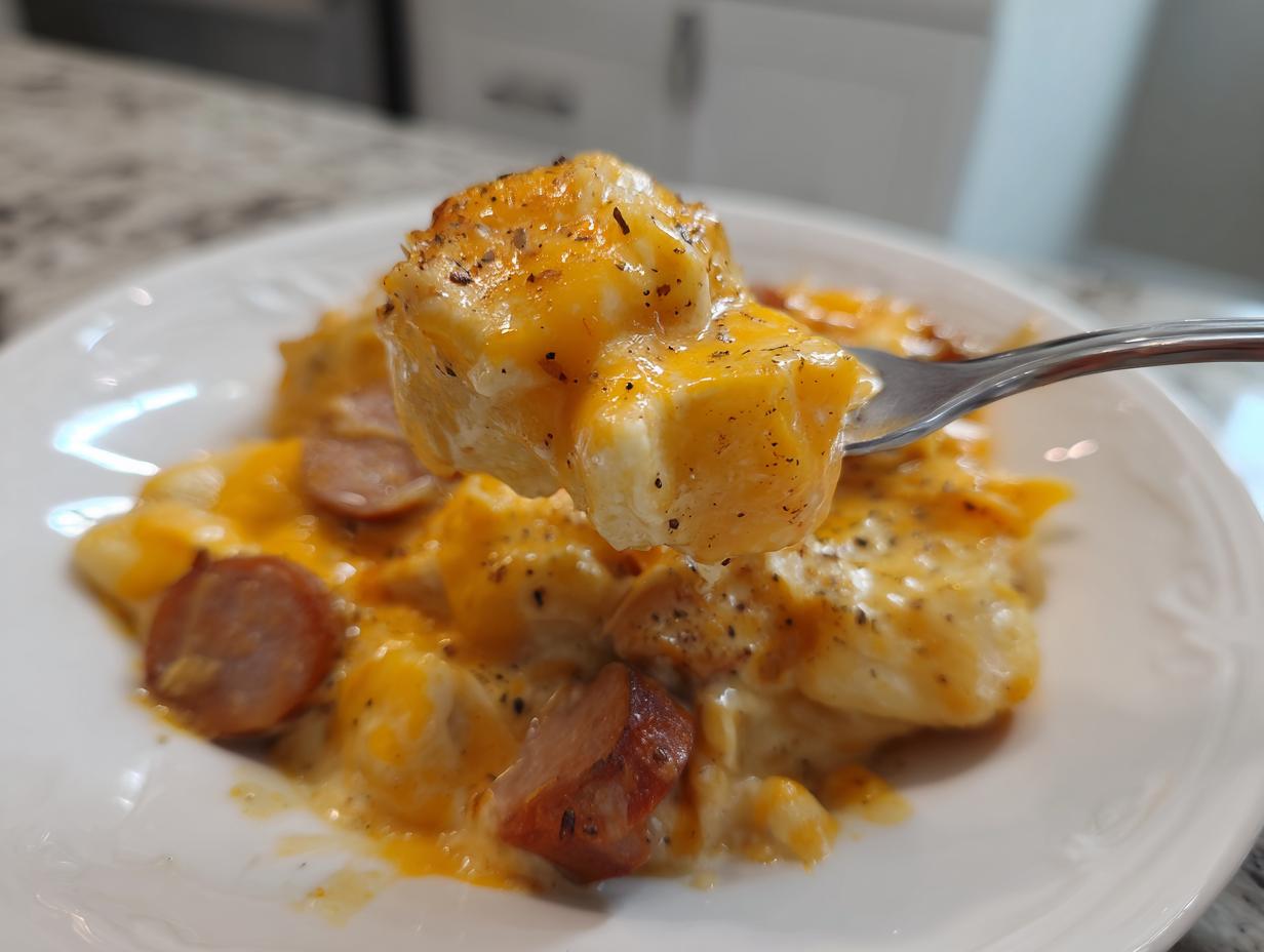 A fork lifts a cheesy bite of pierogi casserole topped with melted cheddar and black pepper.