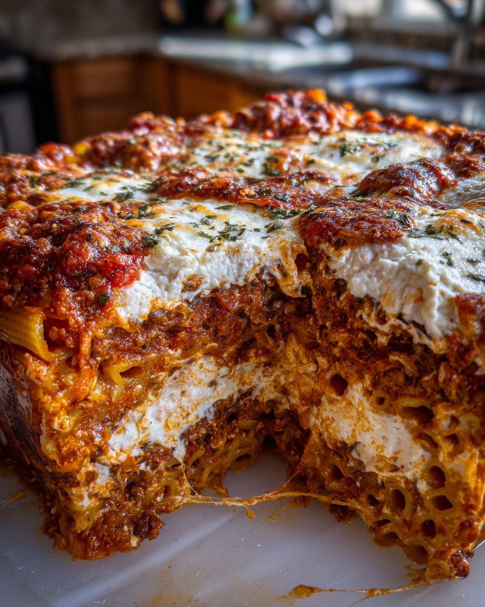 A cross-section view of a rich, layered pasta bake showing rigatoni tubes, meat sauce, and creamy ricotta cheese layers.