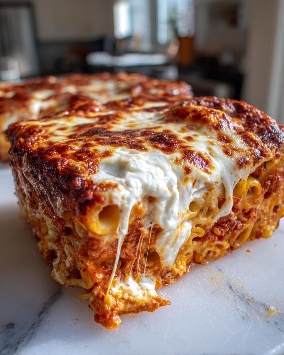 A close-up of a square slice of baked pasta bake showing melted, stringy mozzarella cheese over rich tomato sauce.