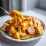 A fork lifts a cheesy pierogi from a plate of pierogi casserole topped with sliced sausage.