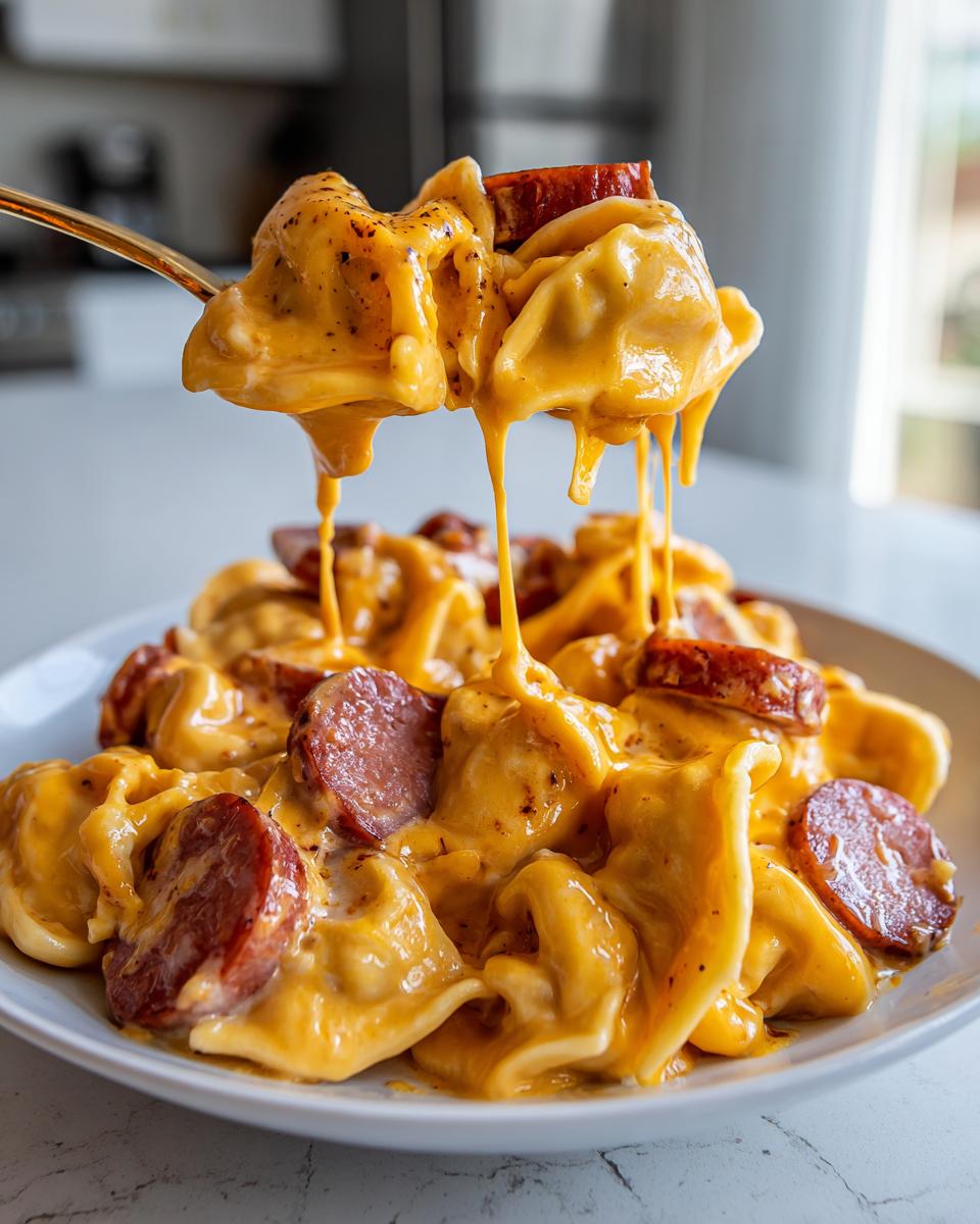 A spoonful of cheesy pierogi casserole with sliced sausage dripping cheese sauce.
