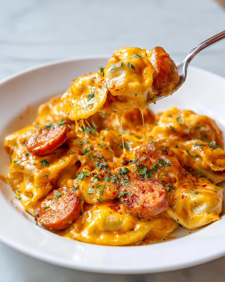A spoonful of cheesy pierogi casserole with slices of sausage being lifted from a white bowl.