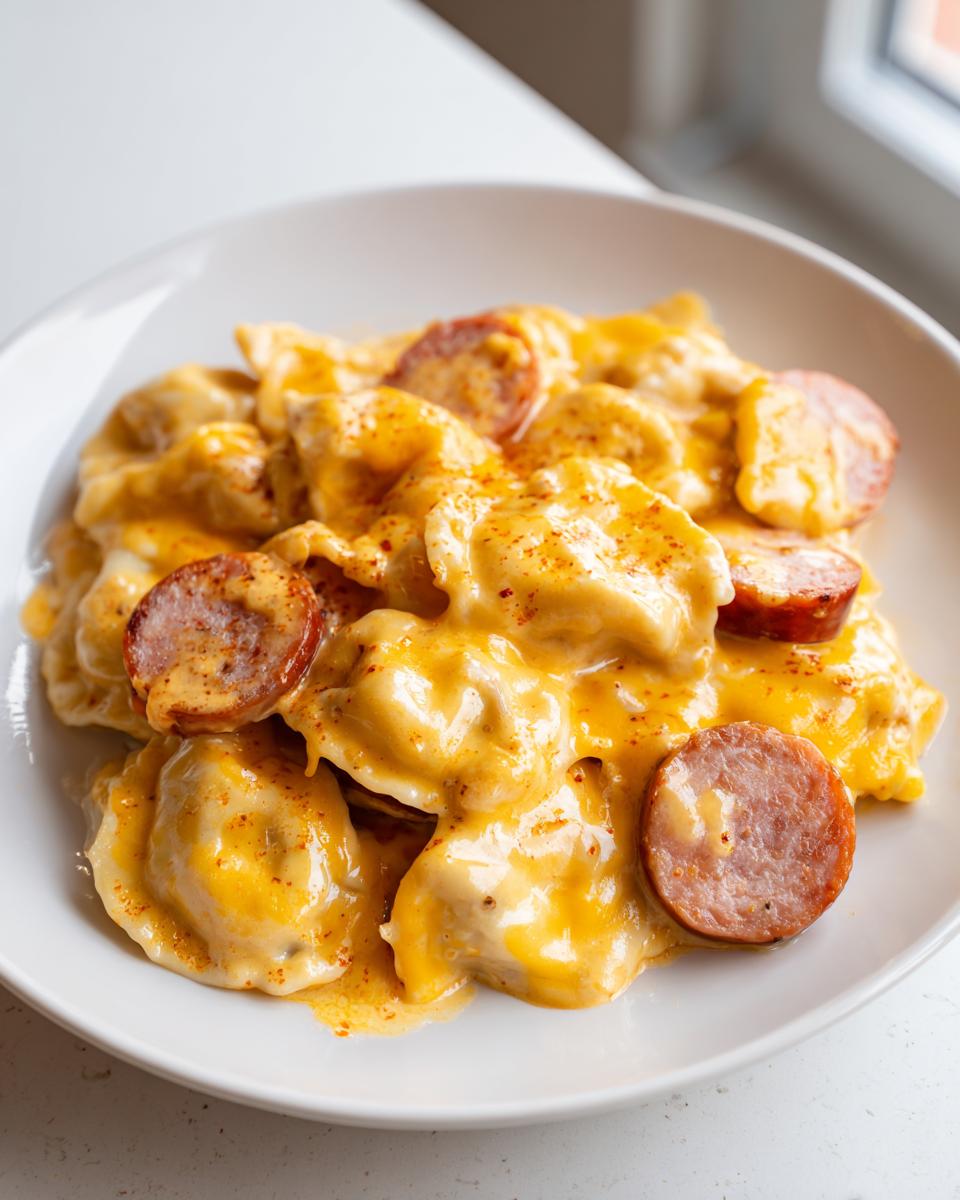 Close-up of a white bowl filled with cheesy pierogi casserole topped with slices of smoked sausage.