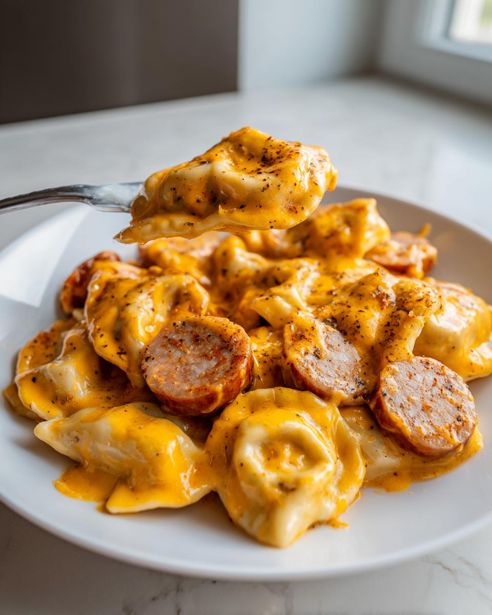 A fork lifts a spoonful of creamy, cheesy pierogi casserole topped with sliced sausage.