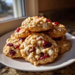 A stack of chewy cranberry oatmeal cookies featuring visible white chocolate chips and dried cranberries.