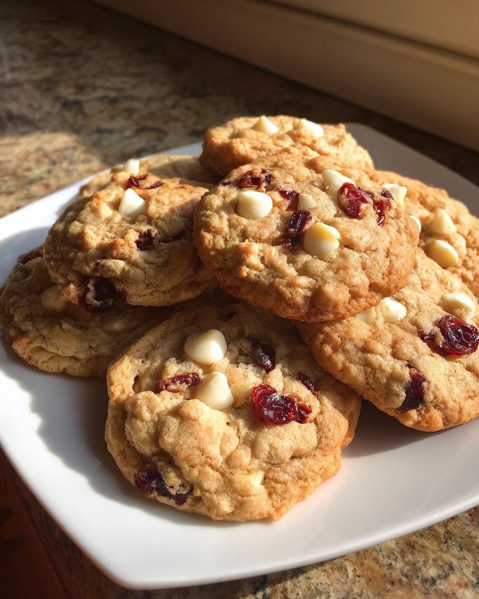 A stack of chewy cranberry oatmeal cookies studded with white chocolate chips on a white plate.