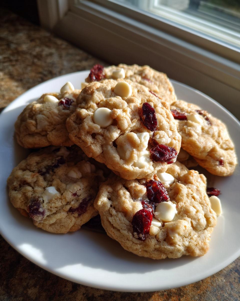 A stack of chewy cranberry oatmeal cookies featuring white chocolate chips, beautifully lit by natural window light.