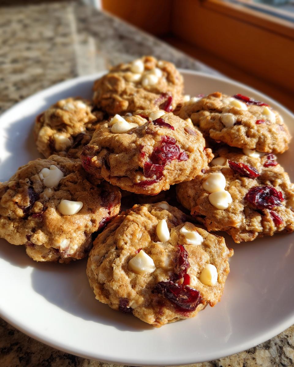 A pile of chewy cranberry oatmeal cookies studded with white chocolate chips on a white plate.