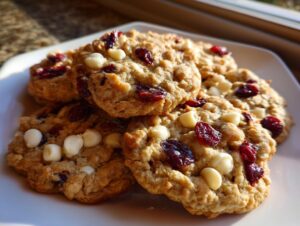 A stack of chewy cranberry oatmeal cookies featuring visible dried cranberries and white chocolate chips on a white plate.