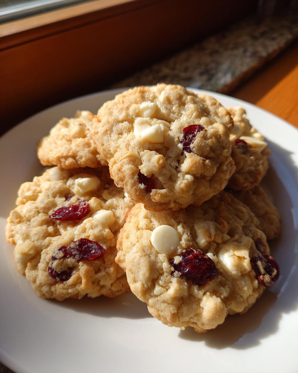 A stack of chewy cranberry oatmeal cookies featuring visible dried cranberries and white chocolate chips on a white plate.