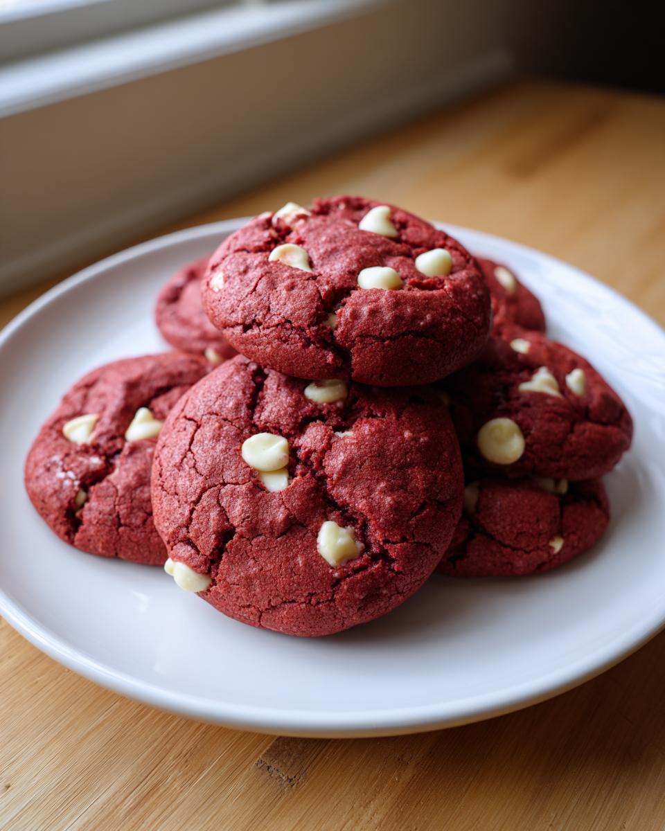 A stack of freshly baked, vibrant red velvet cookies studded with white chocolate chips on a white plate.