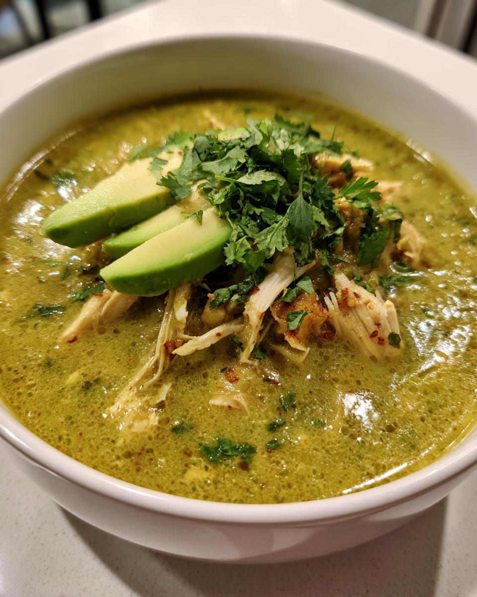 A close-up of a bowl of vibrant green chicken poblano soup recipe, topped with shredded chicken, avocado slices, and fresh cilantro.
