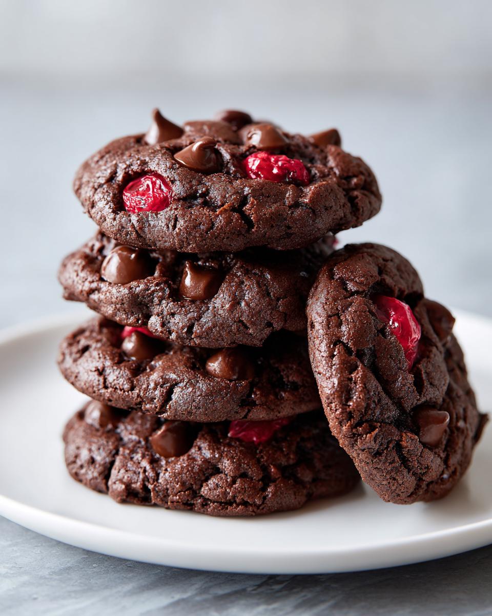 A stack of four decadent chocolate cherry cookies, studded with chocolate chips and bright red cherries.