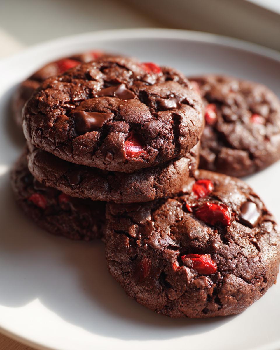 Close-up of a stack of fudgy chocolate cherry cookies featuring visible chocolate chips and bright red cherry pieces.