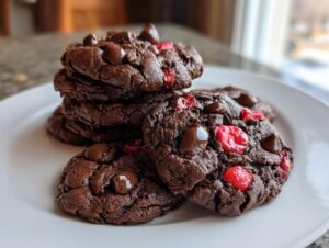 A stack of fudgy chocolate cherry cookies topped with melted chocolate chips on a white plate.